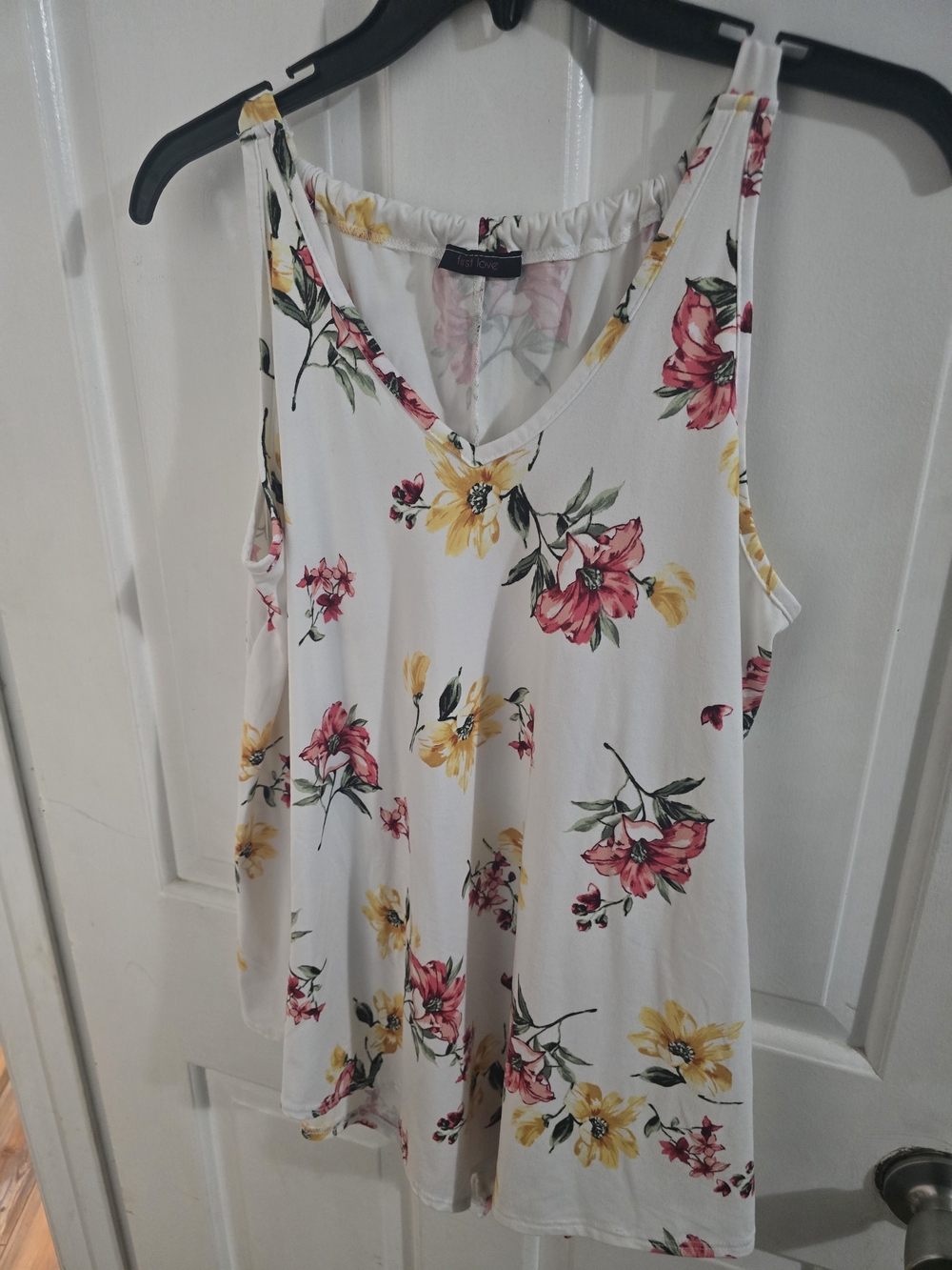 First Love White Floral V-Neck Tank with Pink & Yellow Blooms